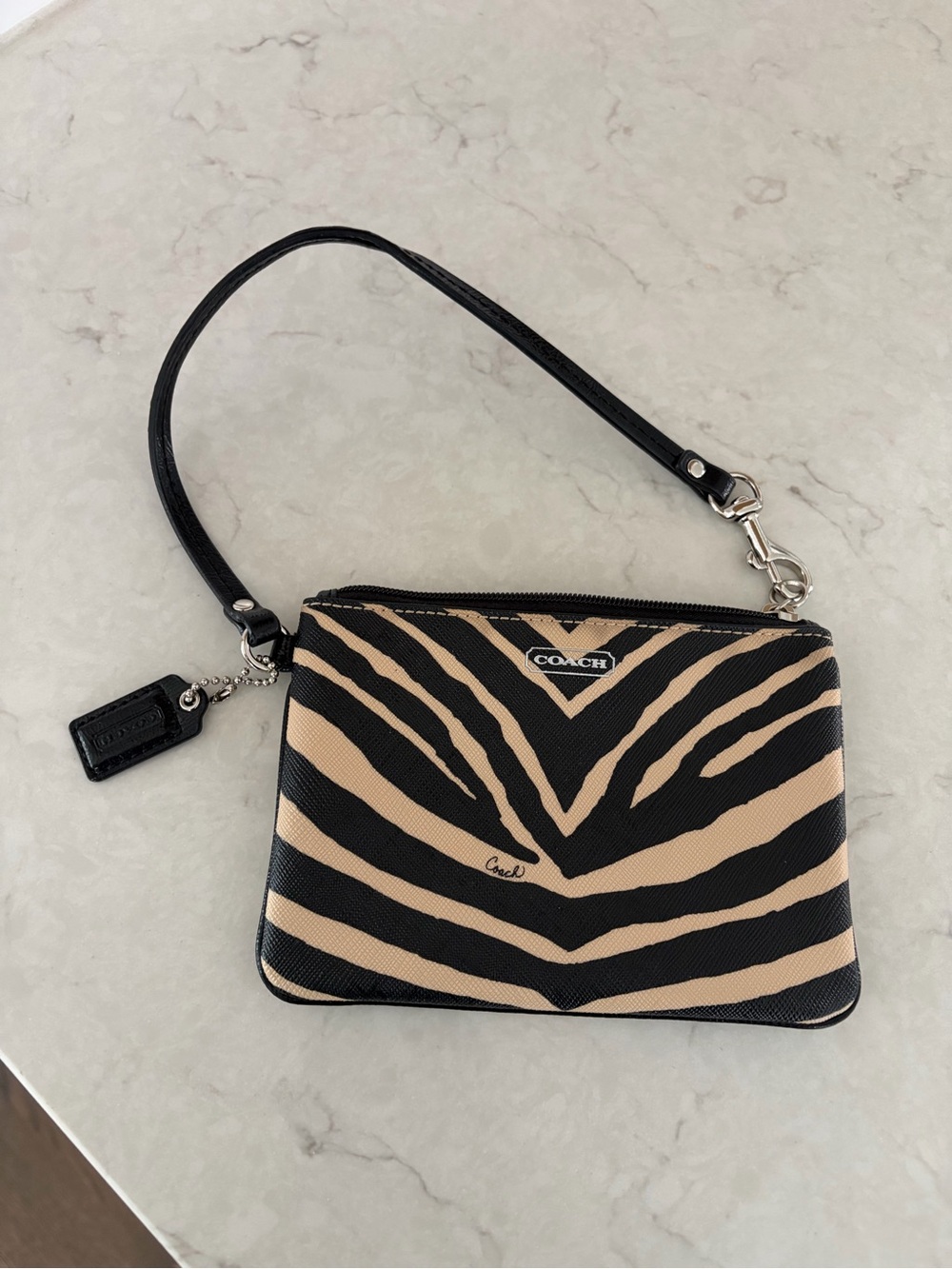 Coach Black and Beige Zebra Print Wristlet with Removable Strap